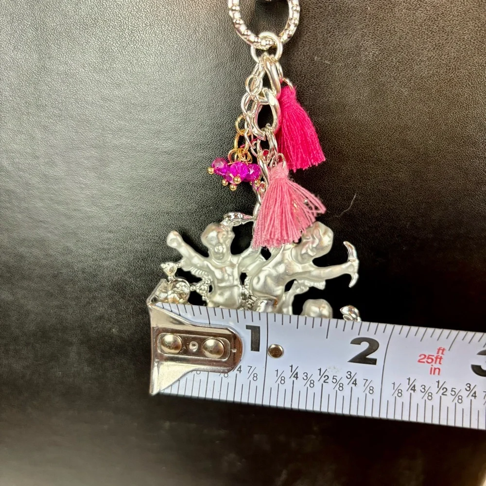 Silver Cherub Bag Charm with Pink Tassels & Rhinestone Accents Handmade‎